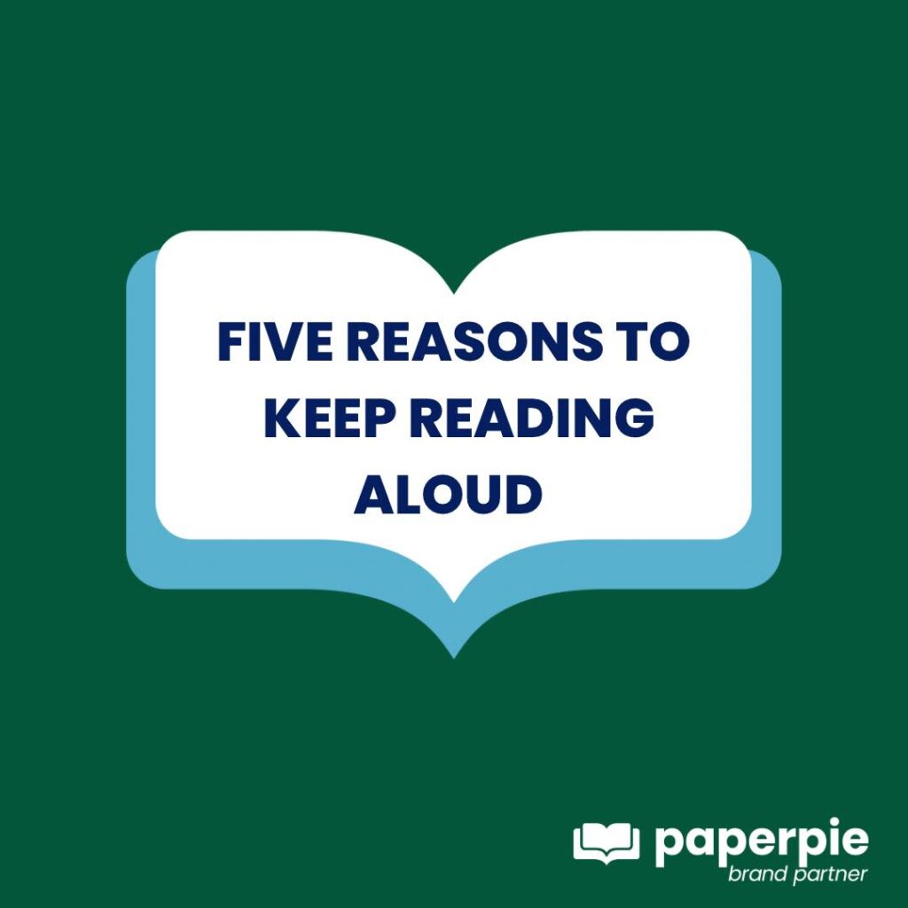 a graphic of an open book on a green background, text reads Five Reasons to Keep Reading Aloud